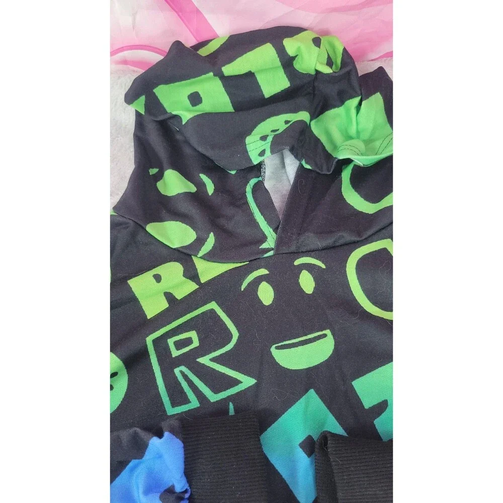 ​Roblox Hoodie Boys Size 15/16 Green Blue All Over Print Gamer Sweatshirt New